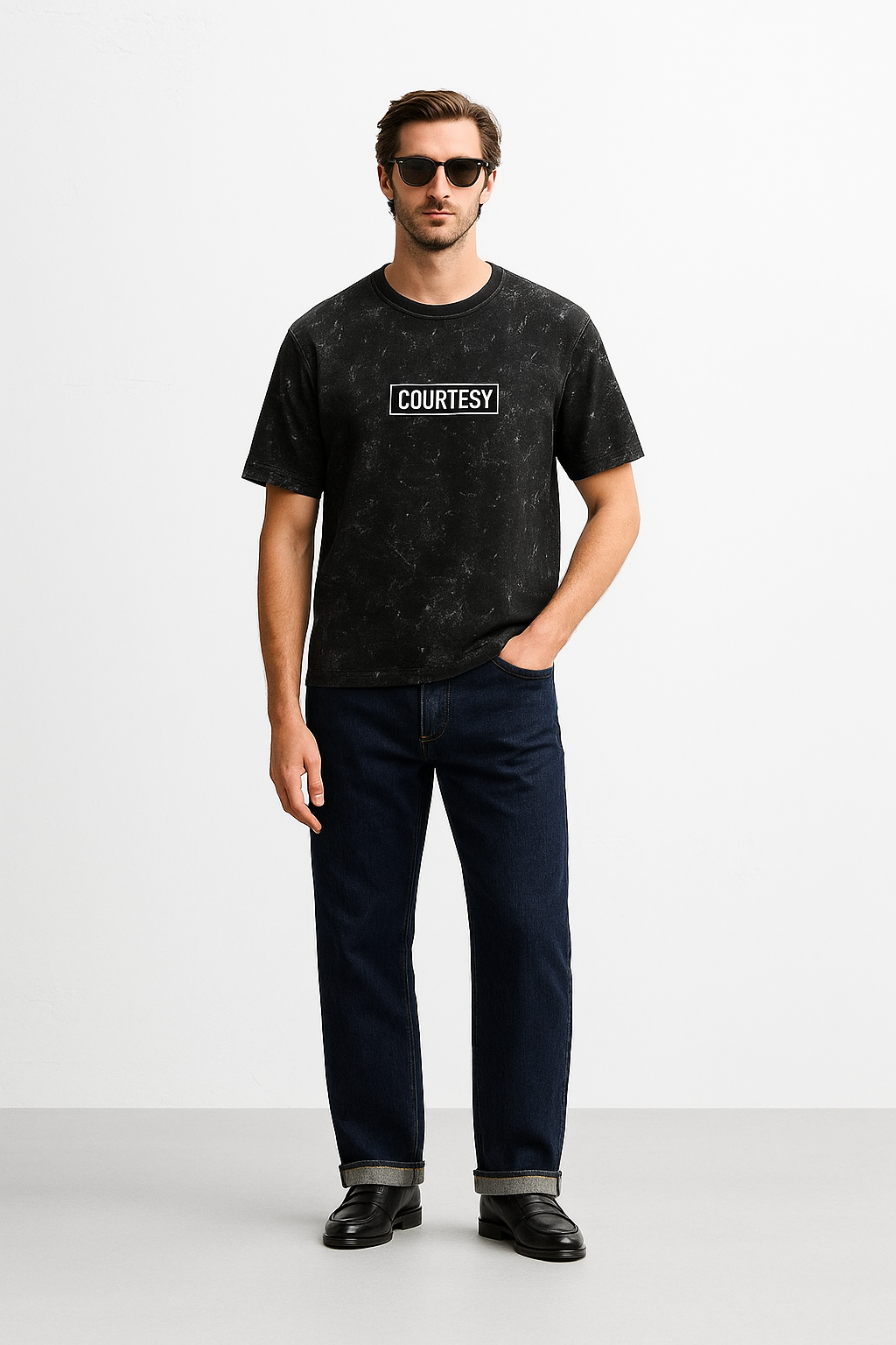 "COURTESY" Vintage Wash Oversized Tee – Black Marble