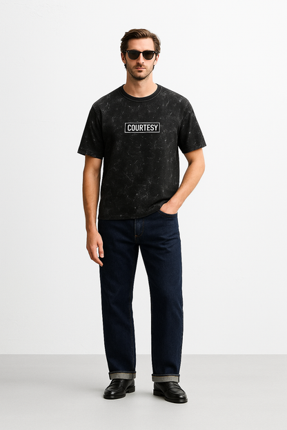 "COURTESY" Vintage Wash Oversized Tee – Black Marble